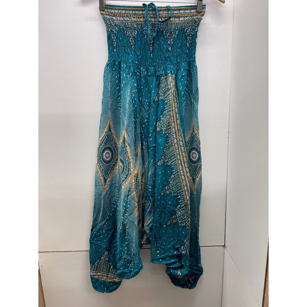 HaremPants.com Teal Peacock Print Smocked Waist Boho Yoga Pants Made in Thailand